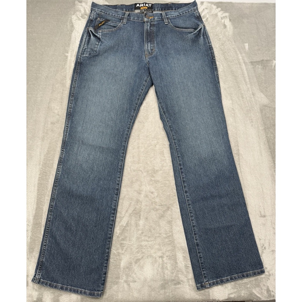 Ariat M4 Bootcut Jeans 34x34 Low Rise Blue Denim Cowboy Western Rebar Embroidery